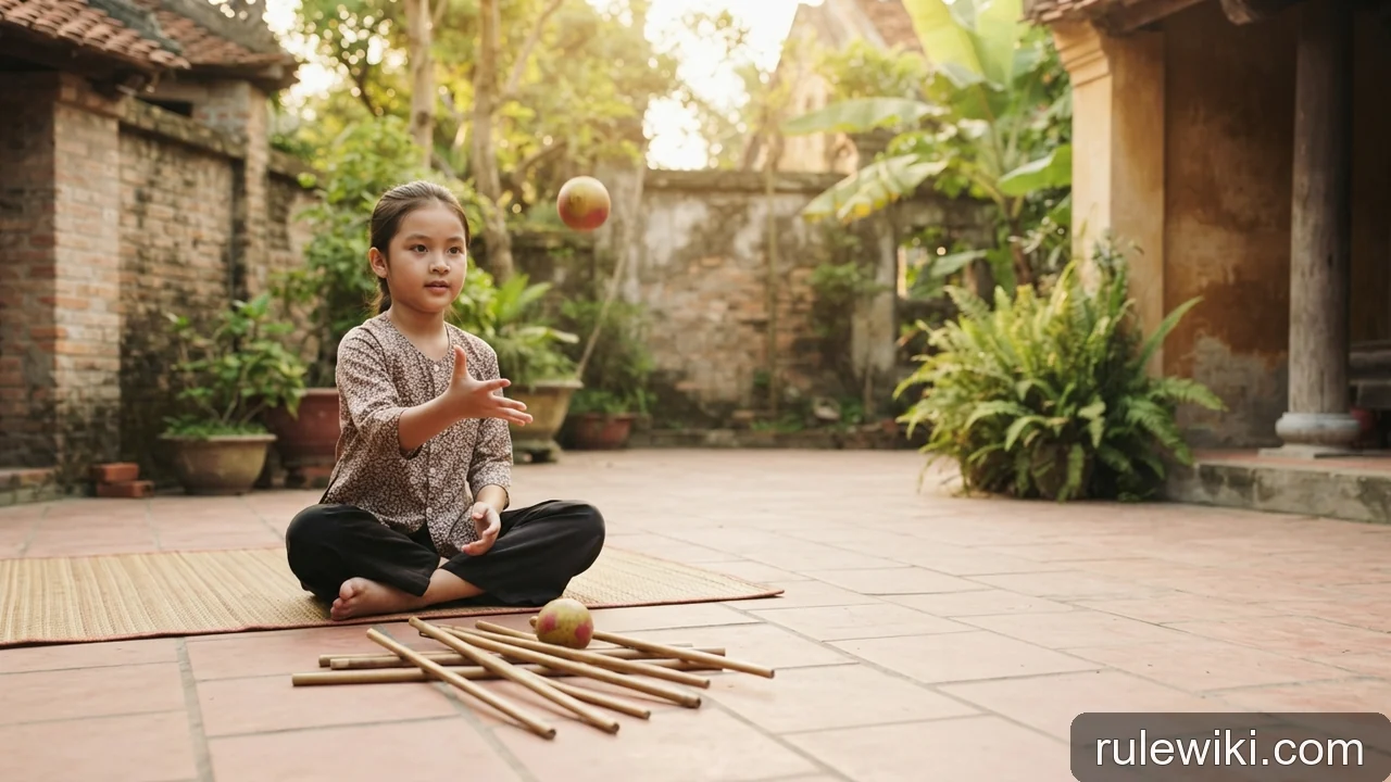 Minh họa: Chơi chuyền: cách tung bóng và nhặt que theo từng bàn