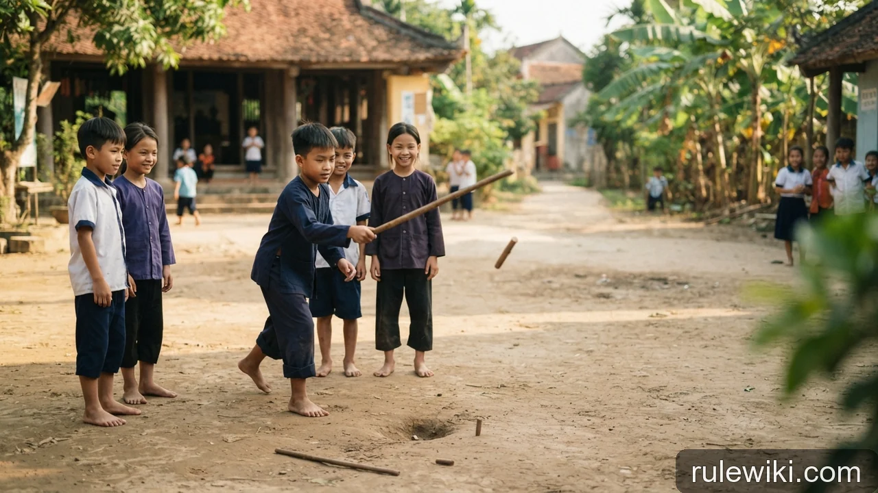 Minh họa: Đánh khăng: thanh khăng, que cái và cách tính điểm khoảng cách