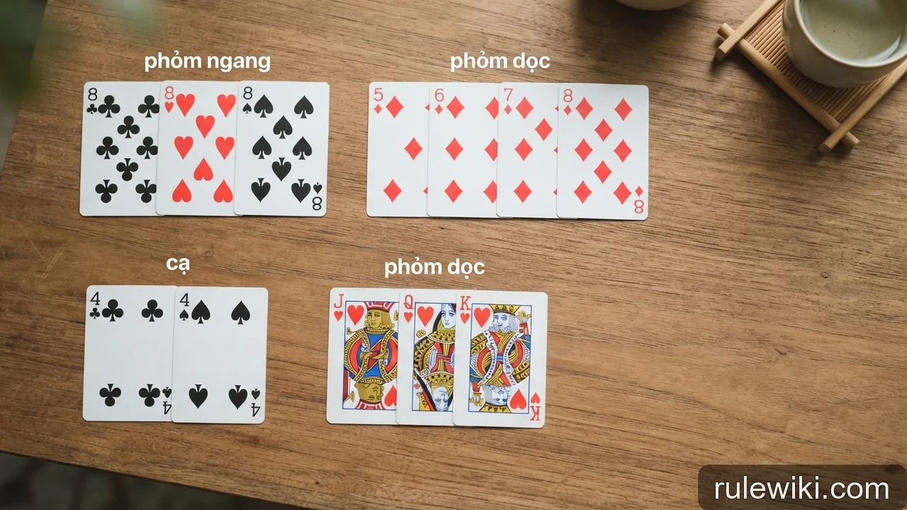 Minh họa cho Phỏm: cách nhận biết cạ, phỏm dọc và phỏm ngang