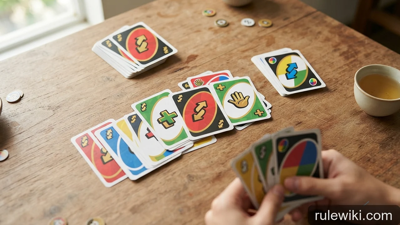 Minh họa: Thuật ngữ Bài Uno: lá bài chức năng, đổi chiều, rút thêm và cách hô Uno