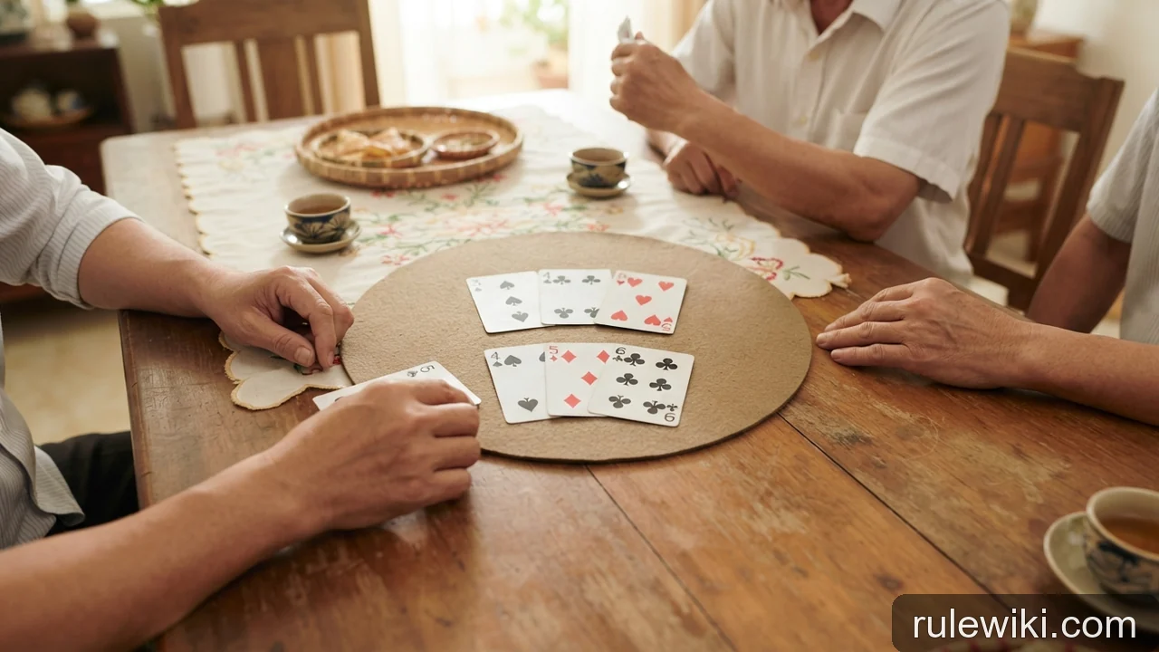 Minh họa cho Tiến lên miền Nam: ví dụ một vòng đánh và chặn hợp lệ